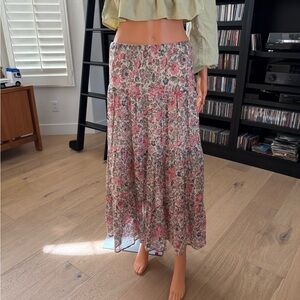 Chaps Pink Floral Tiered Maxi Skirt with Cream Background